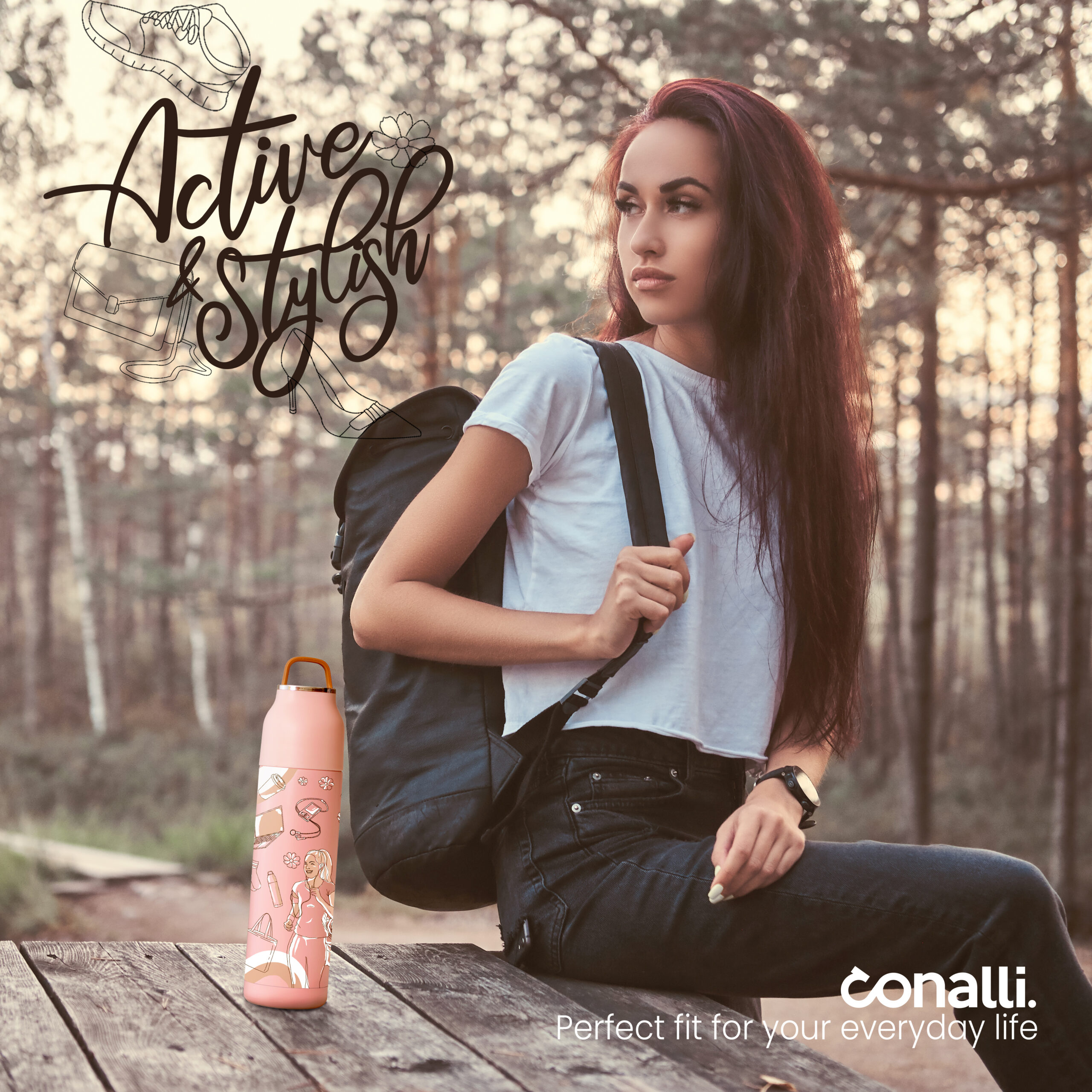 Tourist girl sitting on a wooden table, having break in a beautiful autumn forest at sunset.